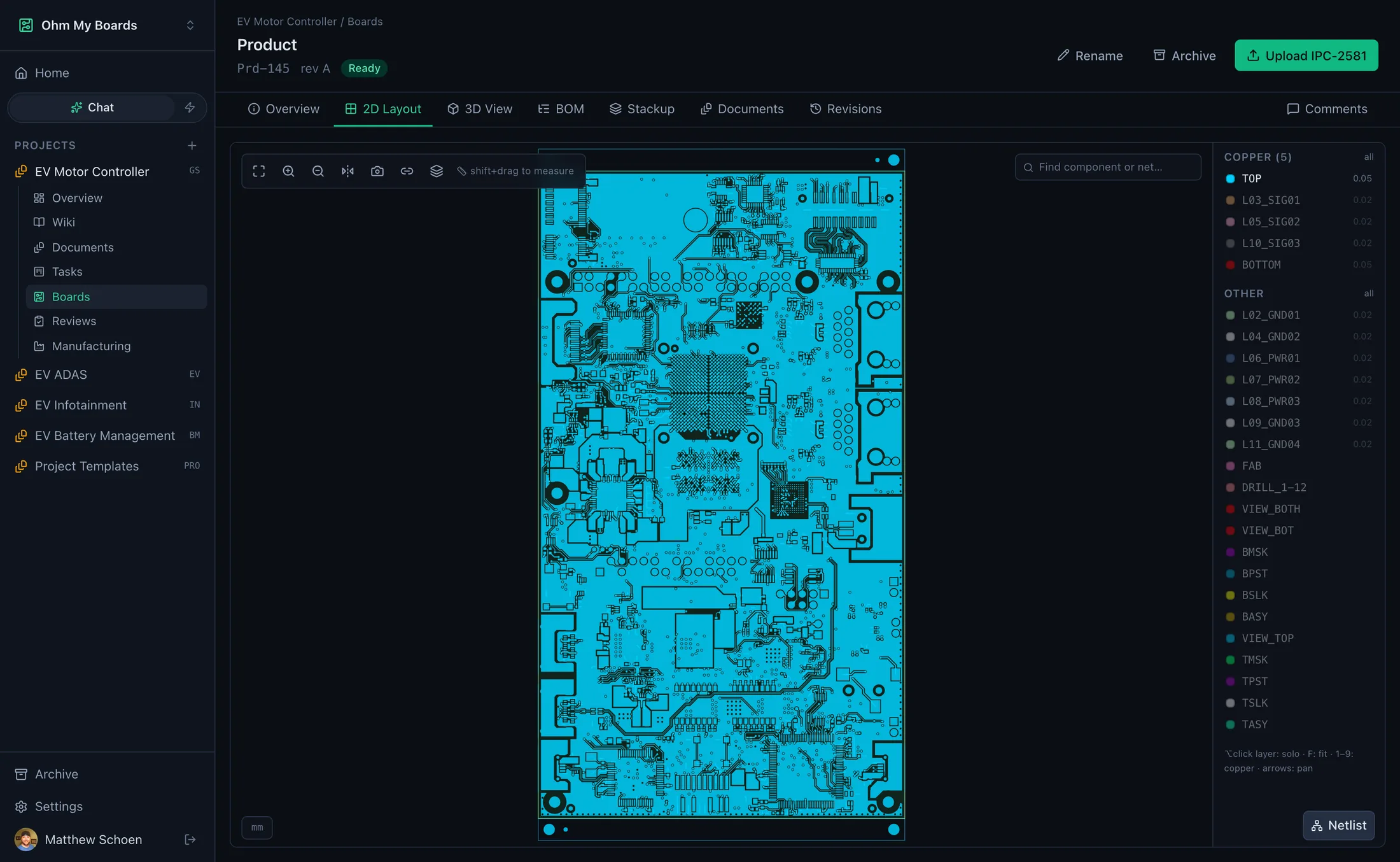 Riparian 2D layout viewer showing a 12-layer board with per-layer copper controls and component search